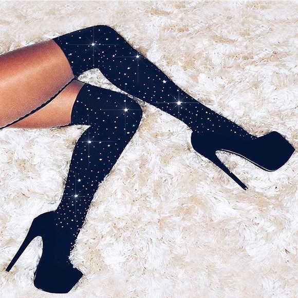 Accessories - Sexy Black Rhinestone Over The Knee Bling Socks